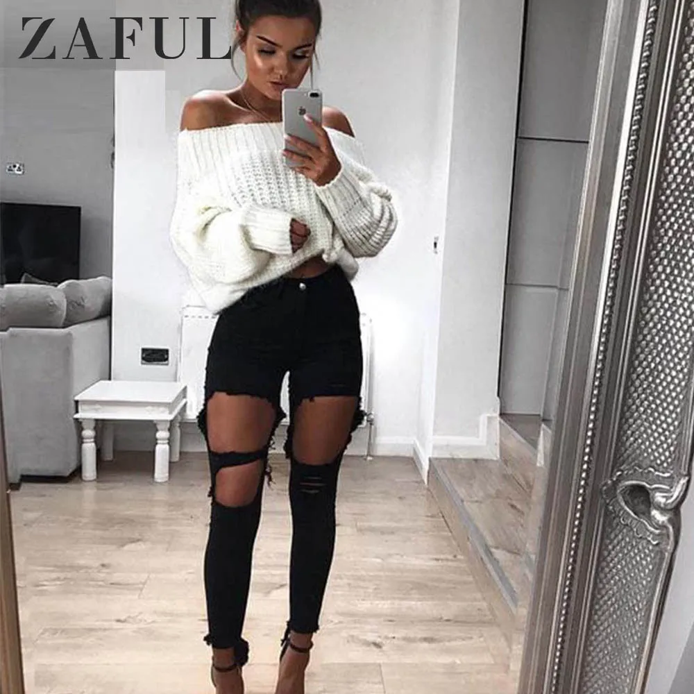 ZAFUL свитер с открытым плечем фонарь рукав белый пуловеры женский 2019 весна