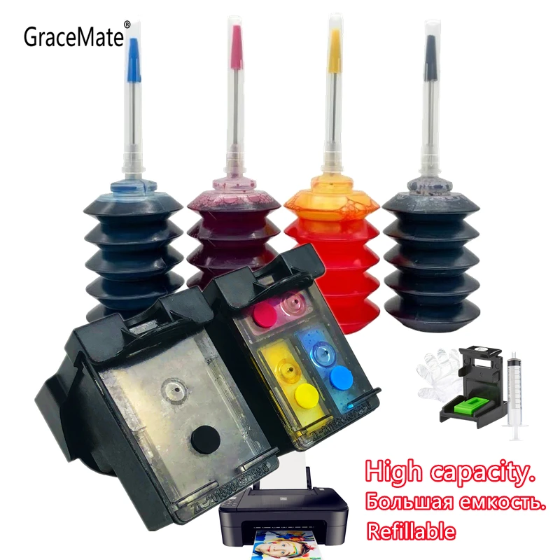 

GraceMate Refillable Ink Cartridge Replacement for HP 302 Ink Cartridge for Deskjet 2130 2131 1110 1111 1112 3630 Inkjet Printer