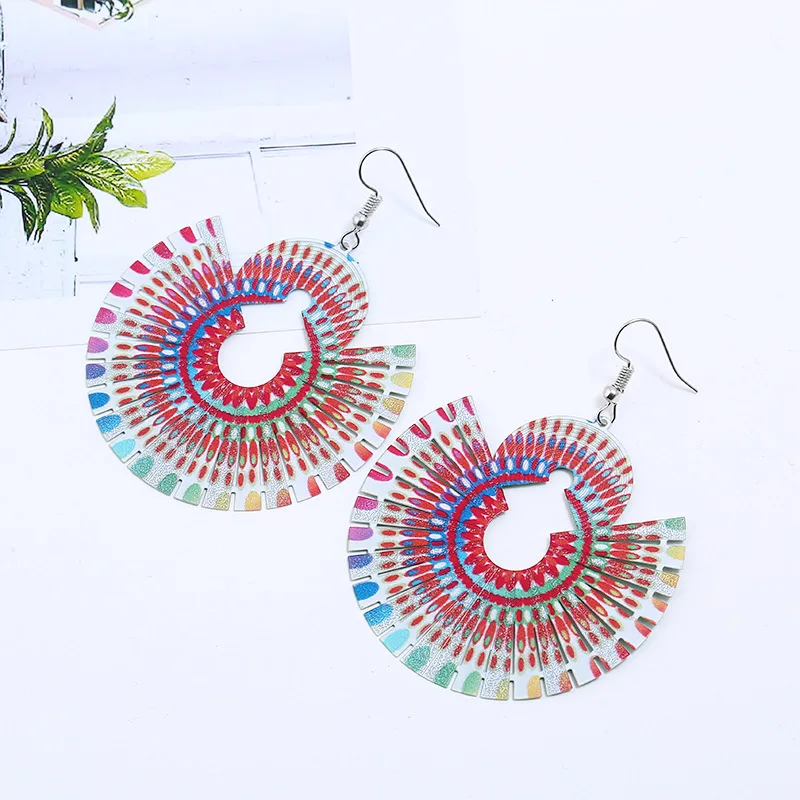 Этнические цветные круглые веерообразные серьги с рисунком зеленая обратная