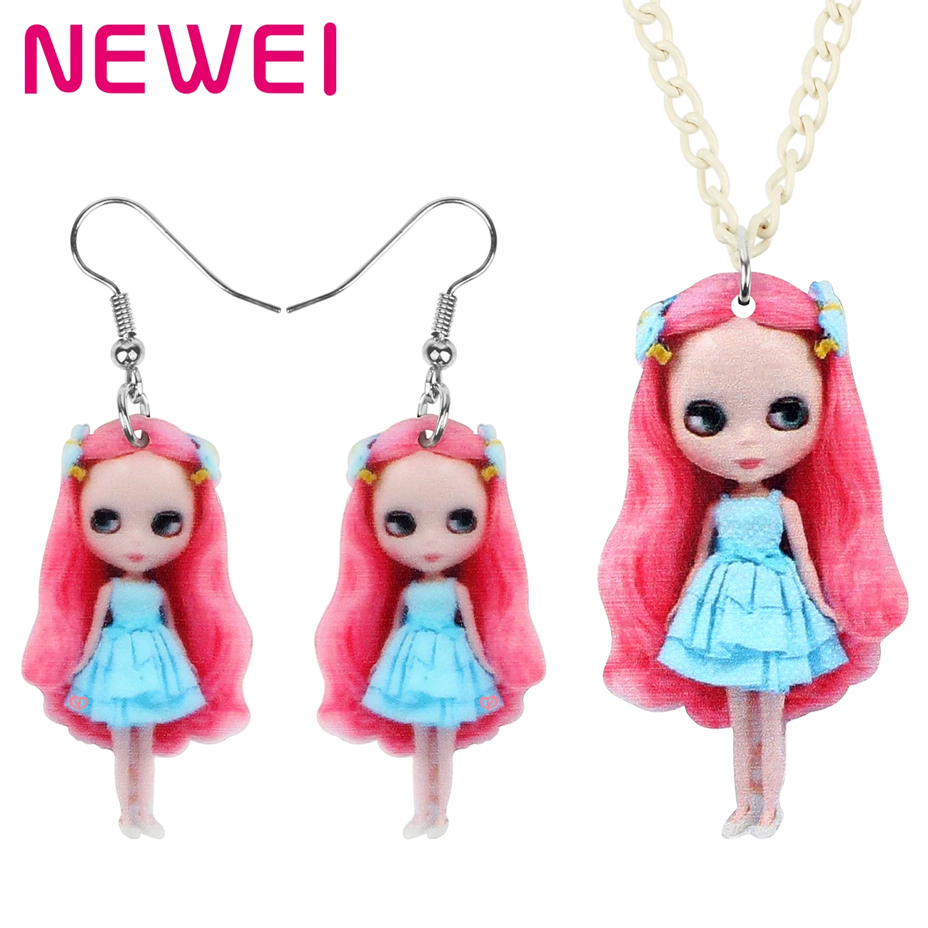 

Newei Acrylic Dressed Cute Doll Jewelry Sets Long Sweet Cartoon Toy Necklace Earrings For Women Girls Fashion Party Decoration