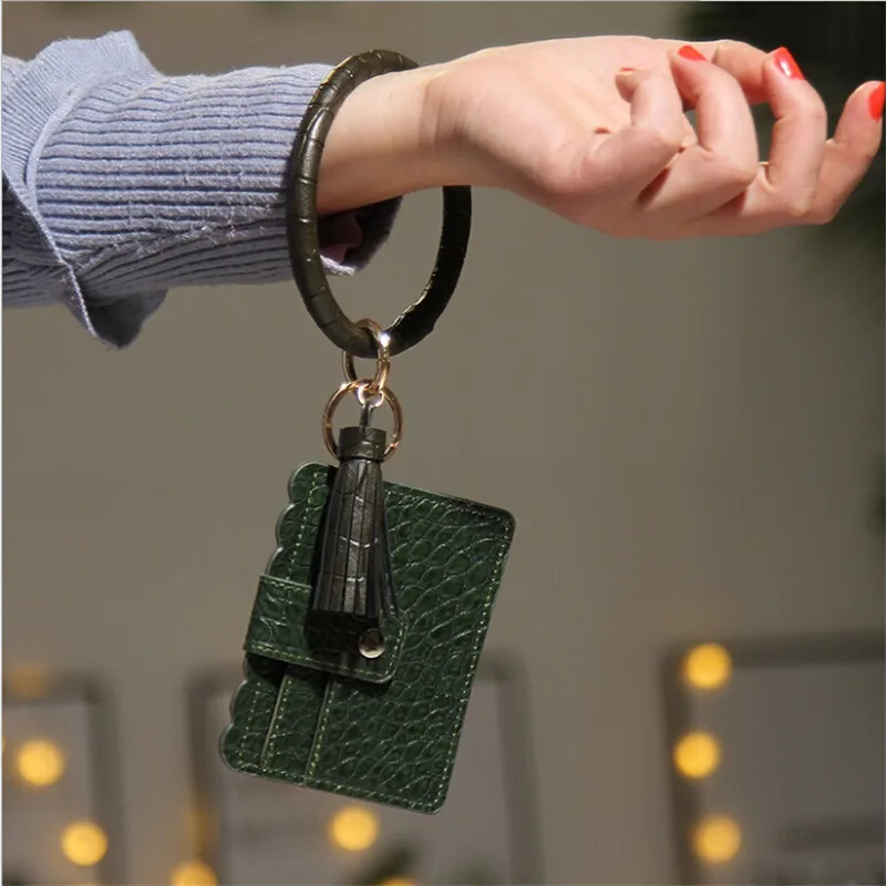 

Fashion Multiful Tassel Keychain PU Leather Card Bag O Key Chain Circle Leopard Flower Wallet Wristlet Keyring For Women Girls