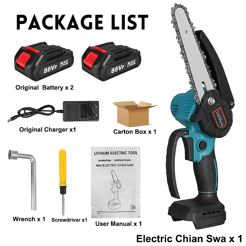 

6 Inch 3000W 88V Mini Electric Chain Saw With 2 Battery Woodworking Cutter Pruning Chainsaw One-handed Garden Logging Power Tool