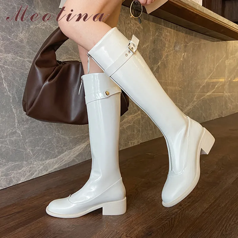 

Meotina Med Heel Knee High Boots Woman Thick Heel Riding Boots Buckle Round Toe Long Boots Zip Ladies Shoes Autumn Winter Beige