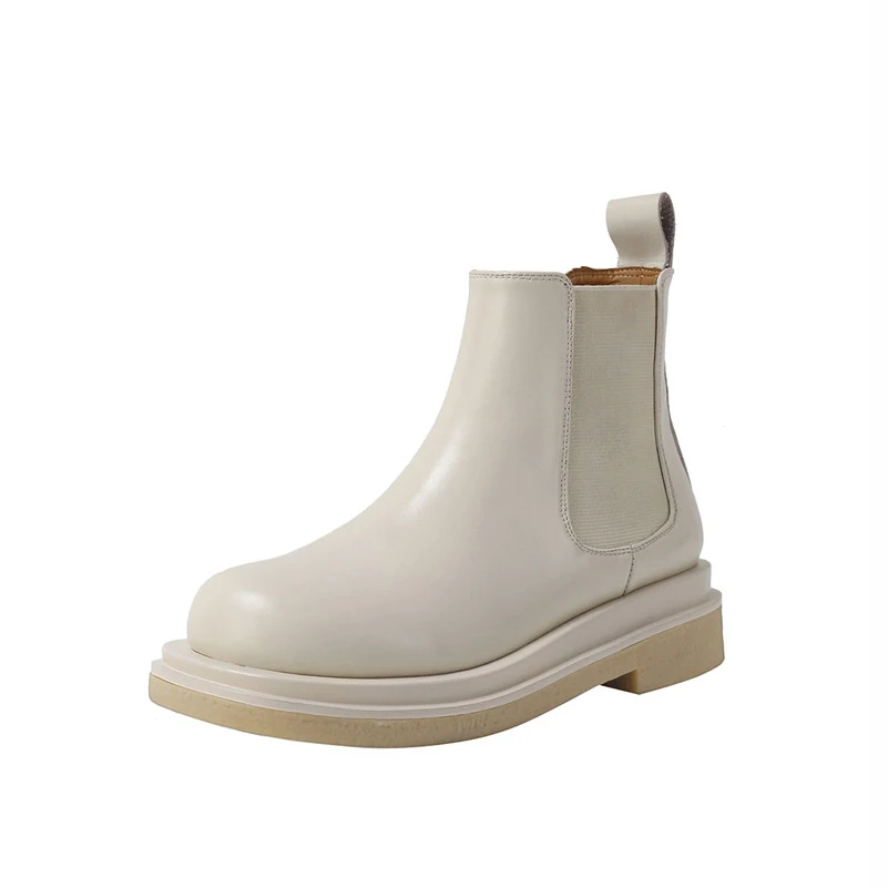 

ANNYMOLI Real Leather Ankle Boots Woman Med Heel Chelsea Boots Platform Block Heel Short Boots Female Shoes Autumn Winter Beige