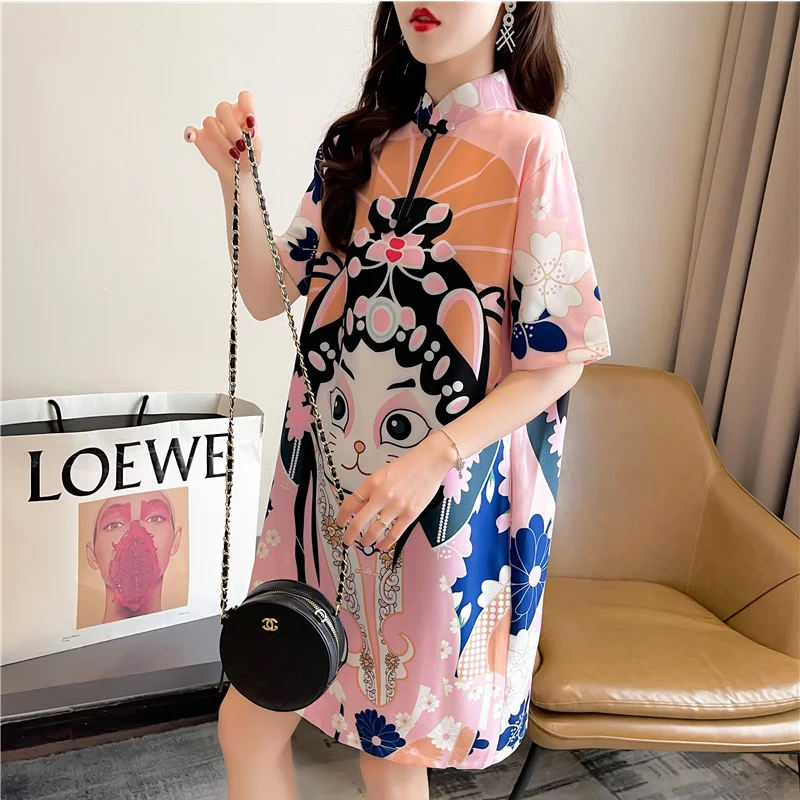 #4242 Summer Short Sleeve T Shirt Women Stand Collar Chinese Style Vintage Casual 3D Printed Long T Shirt Female Loose Retro