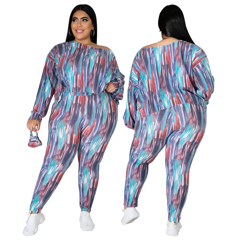 

Plus Size Casual Fashion Clothes Tie Dye Women Two Piece Set Oblique Shoulder Loose Tops and Trouser Pants Sets Wholesale Items