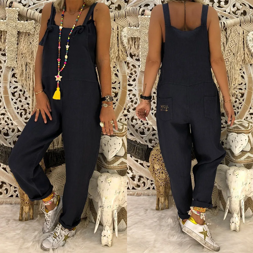 Women Casual Solid Jumpsuits Strappy Dungarees Vintage Cotton Linen Loose Harem Bib Overalls Wide Leg Pant Lace Up Long Rompers