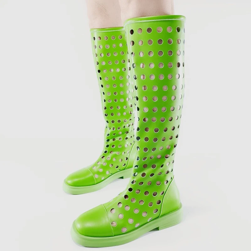 

Новинка 2021, стильные красные остроносые ажурные сапоги с сеткой, женские длинные сапоги до колена, универсальные дышащие и крутые сапоги на ...