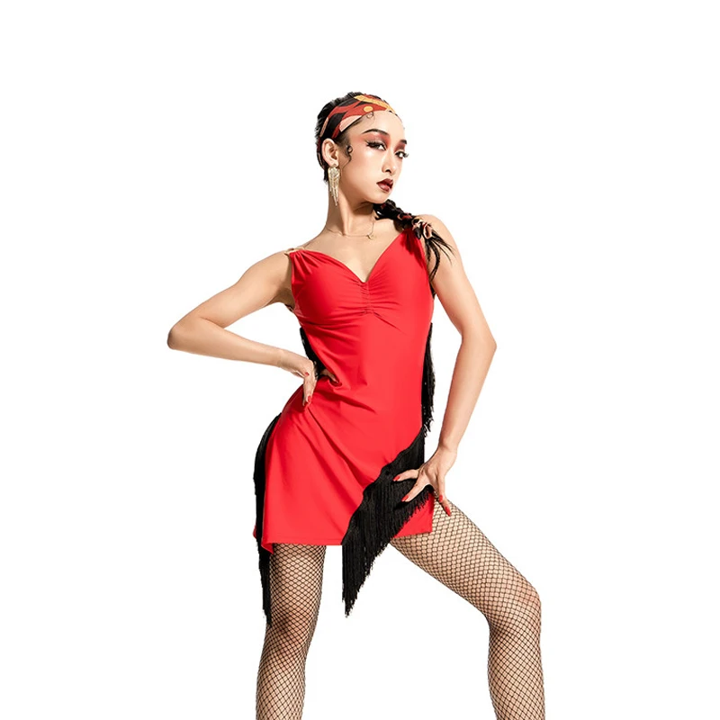 

Женское платье для латиноамериканских танцев, черное или красное платье с бахромой, профессиональная тренировочная одежда для румбы, костю...