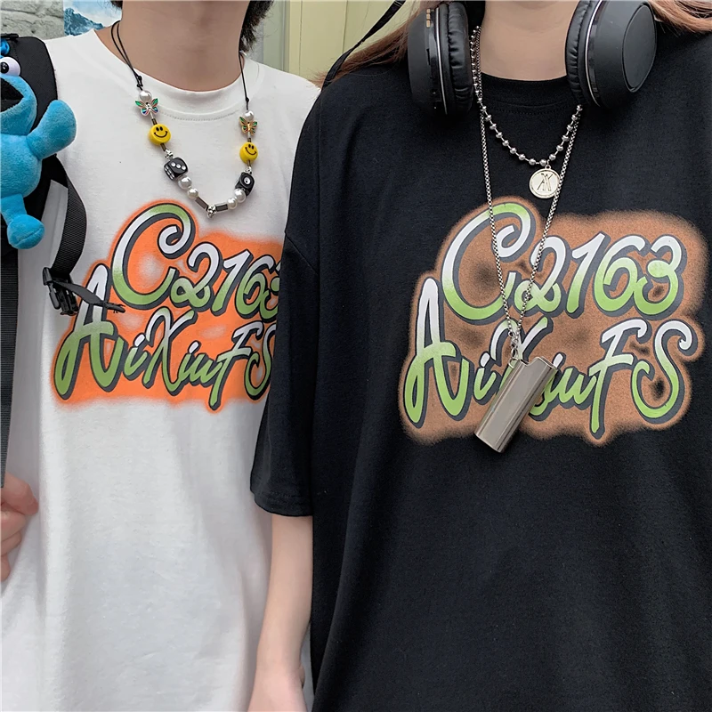 

Couple's Short-Sleeved Top Printed Loose T-shirt Summer New Hong Kong Style Ins High Street Personalized Letters for Women