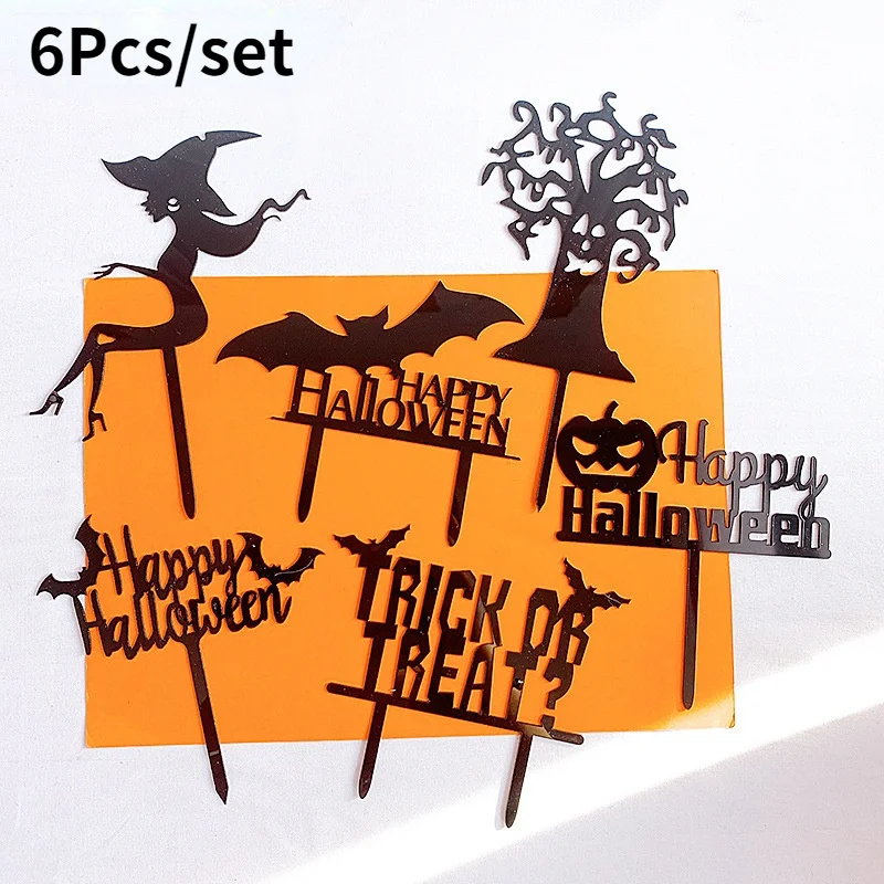 

Black Acrylic Cake Topper Happy Halloween Pumpkin Bat Witch Cake Topper Halloween Trick or Treat Baking Party Decorations