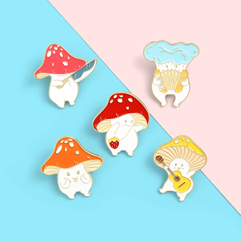

5Pcs/Set Cartoon Cute Mushroom Enamel Pin Custom Funny Guitar Accordion Brooches Bag Lapel Pin Badge Plant Jewelry Gift for Kids