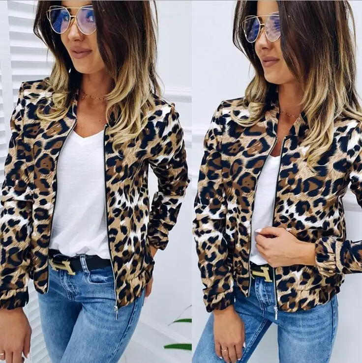 

New Fashion Women Long Sleeve Jacket Sweater Top Ladies Casual Leopard Print Cardigan Zipper Short Outwear Coat Jacket