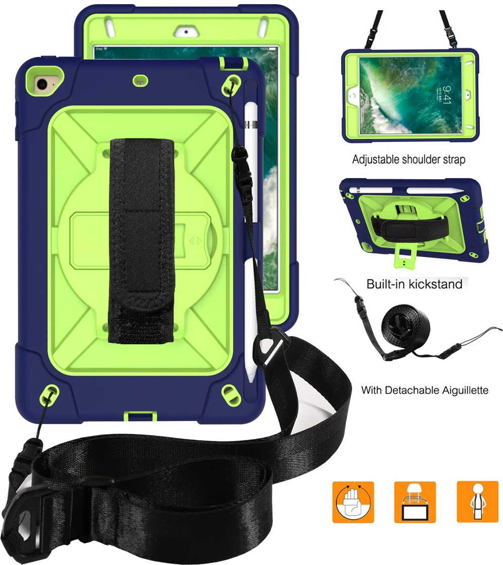 dark blue green Чехол для планшета для iPad Mini 5 mini 4, детская сверхмощная Защитная крышка вращающаяся подставка/ремешок на руку+ плечевой ремень - Цвет: dark blue green