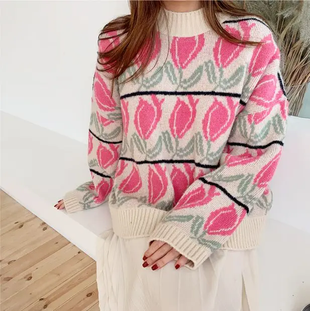 

Sweet Retro Striped Flowers Round Neck Thick Warm Knit Sweater Sweater Winter Fashion Casual Lazy Style Korean Knitted Sweater