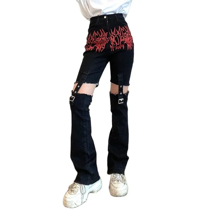 

Punk Y2K Stitching Straight Pants Women Gothic Harajuku Flame Print Pants Streetwear Korean Fashion Girls 90s Trousers Female