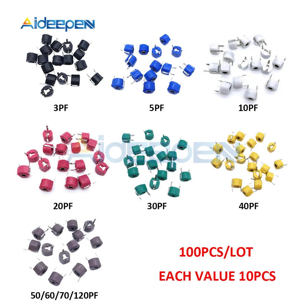Набор конденсаторов для триммера 100 шт. набор 3pf 5pf 10pf 20pf 30pf 40pf 50pf 60pf 70pf 120pf 10
