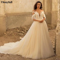 thinyfull appliques lace bridal dress illusion bodice long train tulle boho wedding dresses off shoulder plus size bride gowns
