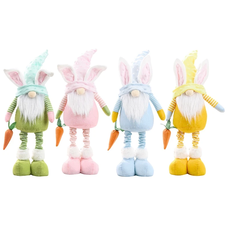 

4 Pcs Easter Bunny Gnome Handmade Rabbit Carrot Plush Toys Doll Ornaments Kids Easter Home Party Decor