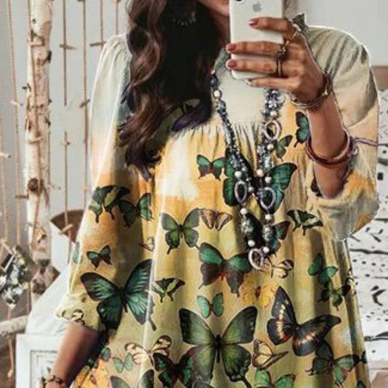 

Women Elegant Butterfly Printed Party Dress Spring Long Sleeve O Neck Loose A Line Dress Female Casual Loose Mini Dress Vestidos