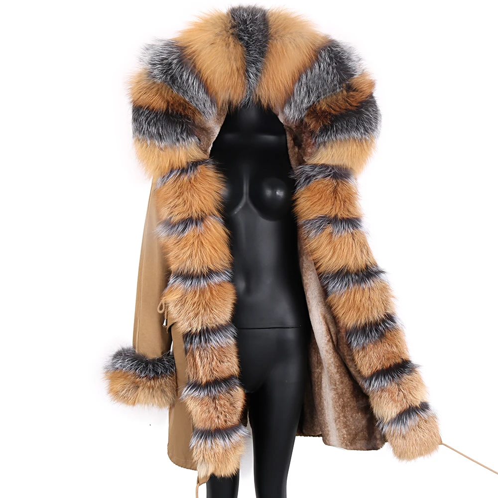 2022 Natural Real Fox Fur Jacke Coat Real Fox Fur Collar Cuff Hooded Coat Short Parka Long Camouflage winter jacket