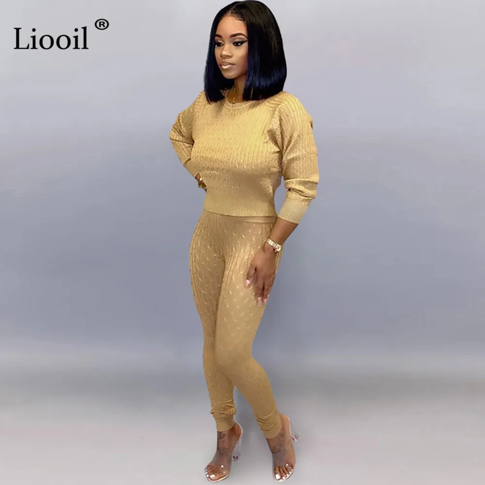 Liooil, вязаный комплект из двух предметов, свитер, топ и штаны, с длинным рукавом, с круглым вырезом, облегающие, вечерние, для ночного клуба, наряды для женщин, подходящие комплекты