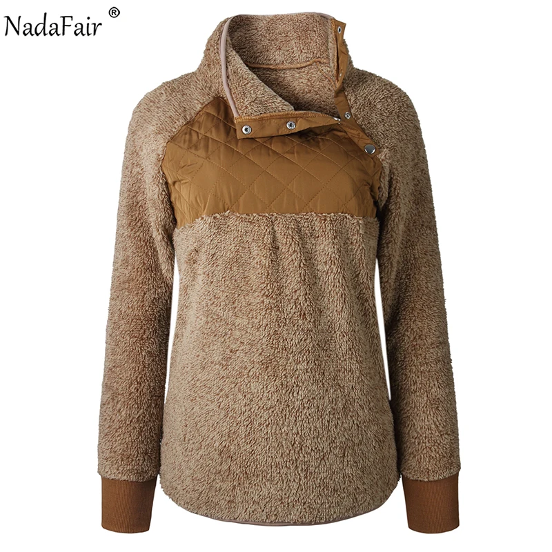 Nadafair флисовая толстовка с капюшоном, Женская Осенняя водолазка из искусственного меха в стиле пэчворк, Повседневная Толстовка размера плюс, женские зимние пуловеры