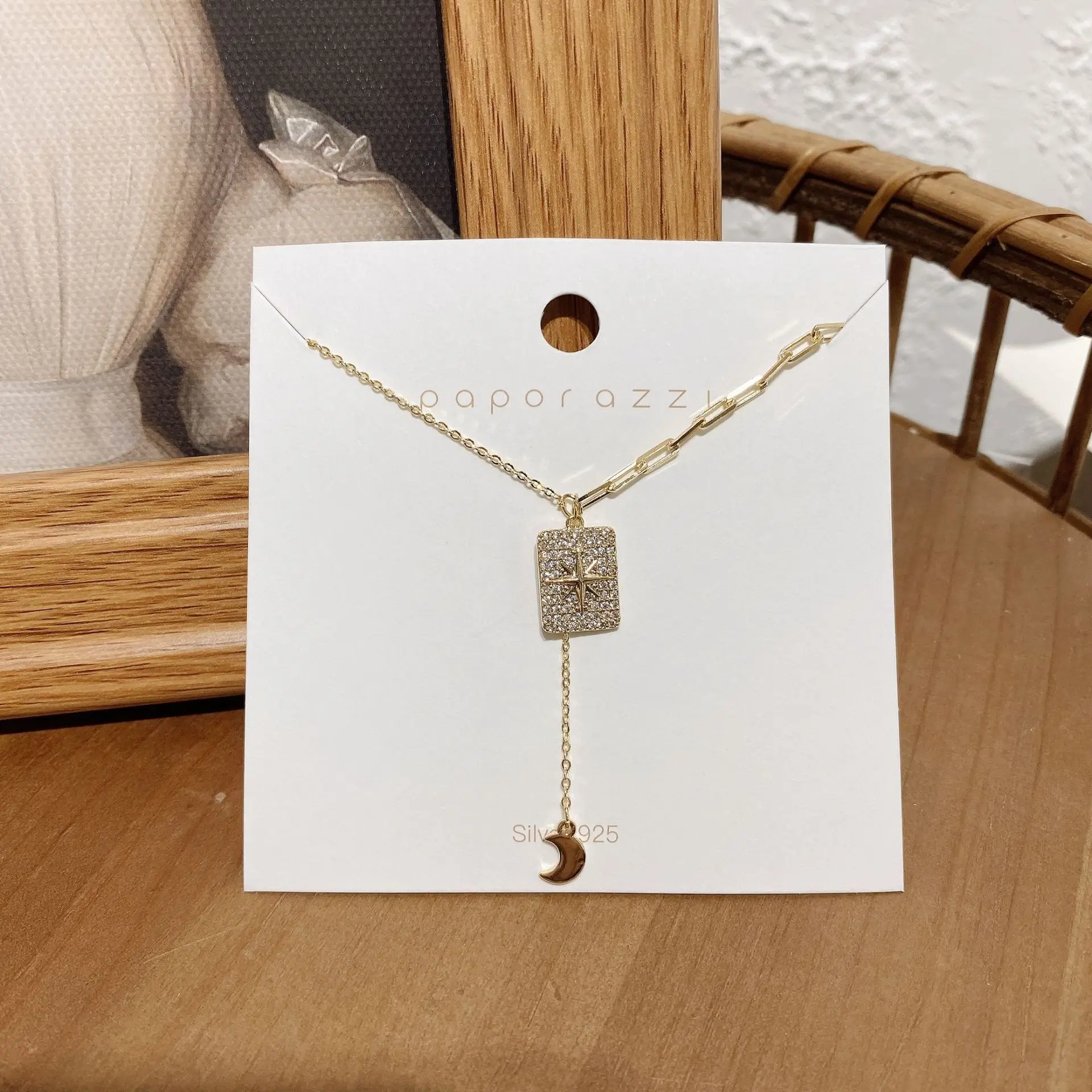 

Wholesale Cold Style Stitching Necklace Niche Micro Inlaid Zircon Square Plate Moon Tassel Pendant INS Choker Chain