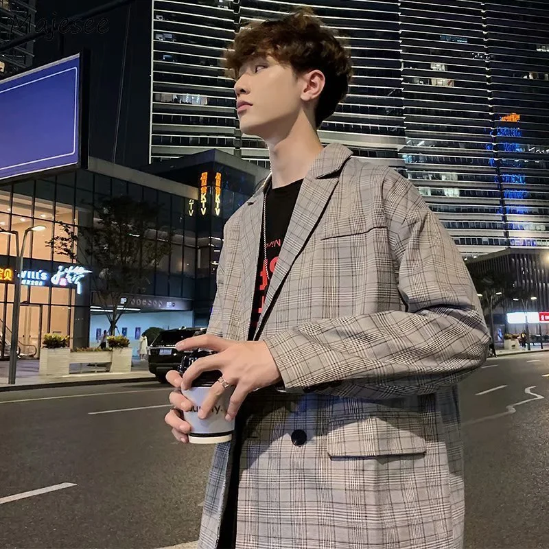 

Plaid Blazers Men Spring Design Teens Outwear Single-breasted Loose Vintage Handsome Chic Harajuku All-match Ulzzang Student New