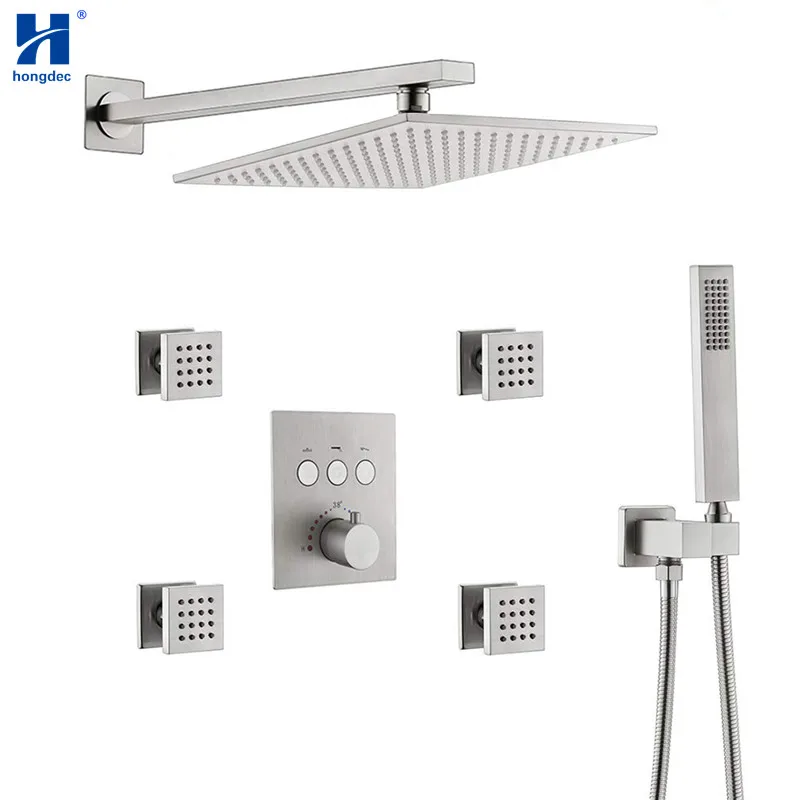 

Hongdec Thermostatic Brass Brushed Nickel Bathroom 12 Inch Rain Shower System Mixer Set
