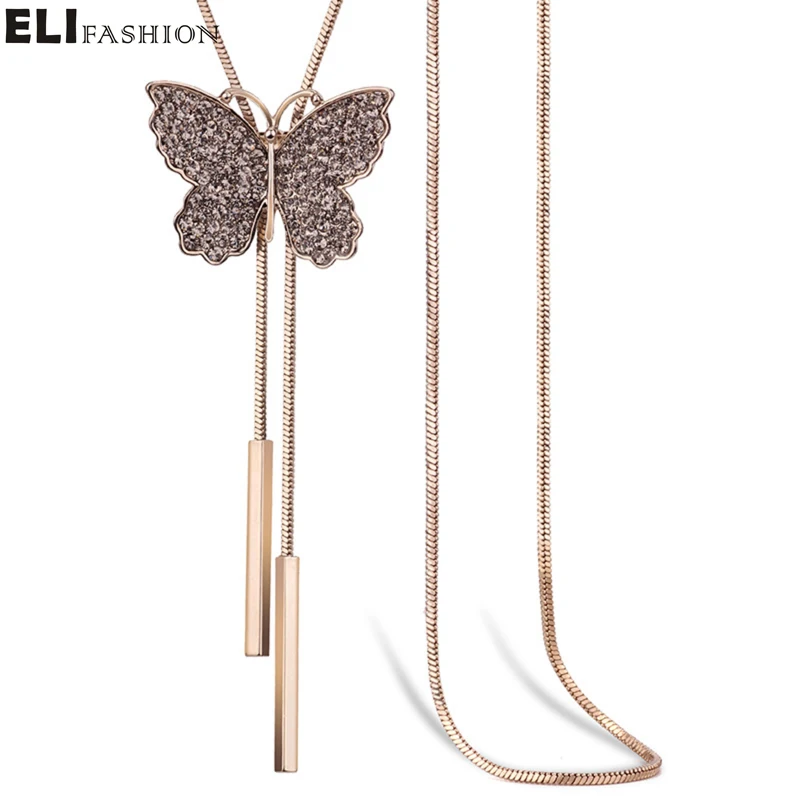 ELIfashion Бабочка ожерелье со стразами Длинная Золотая цепочка Ювелирные изделия