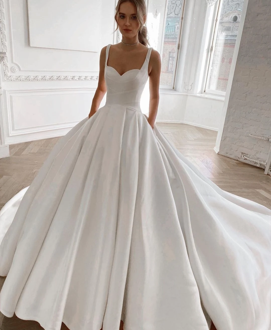 

Женское длинное атласное свадебное платье с карманами, трапециевидный корсет на спине, Тюлевое платье со шлейфом, бальное платье невесты