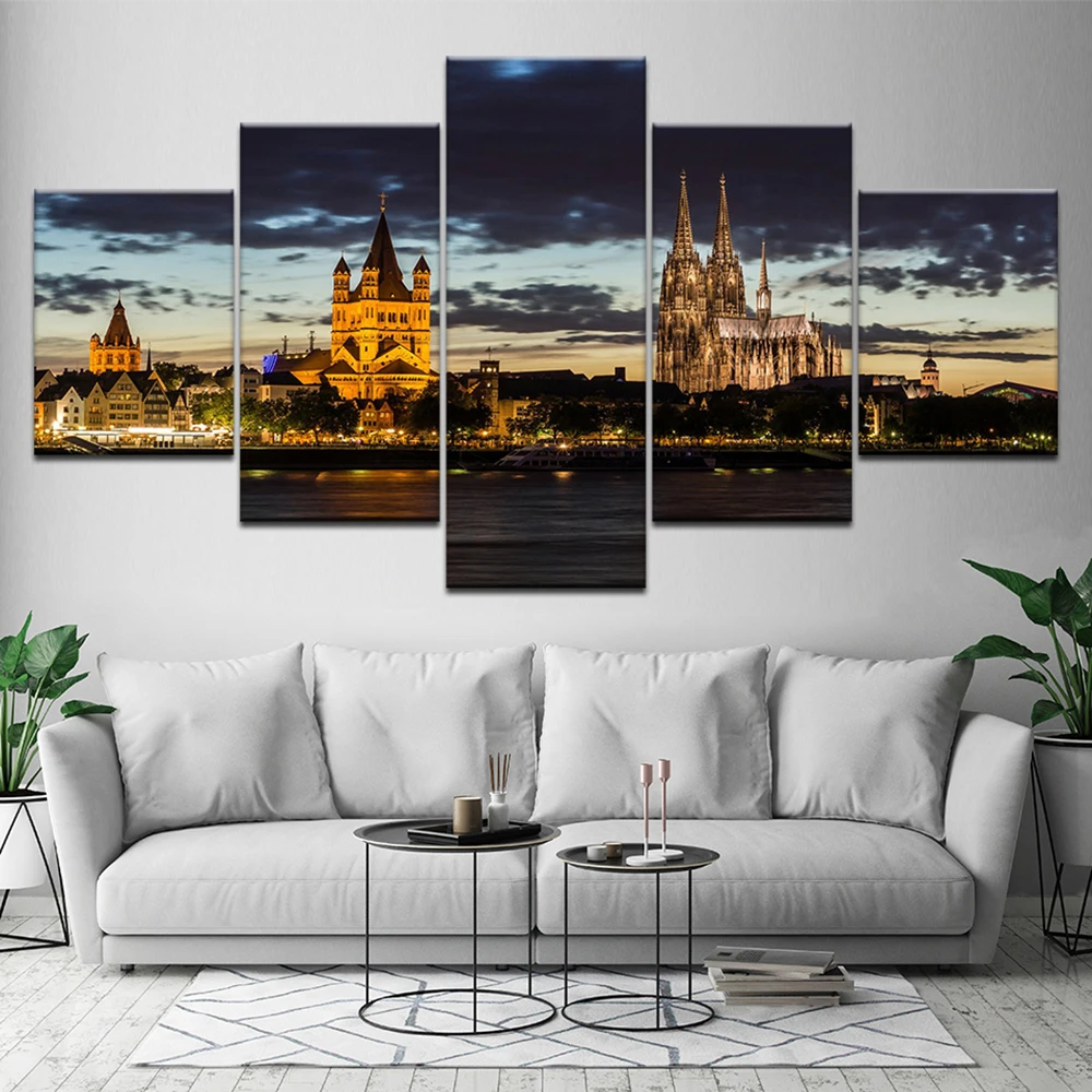

5 Pieces Wall Art Canvas Painting Landscape Poster Night Castle Modern Living Room Bedroom Home Decoration Framework Pictures