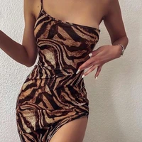 tiger stripes print women dress one shoulder sling polyester trendy sweet summer dress for dating