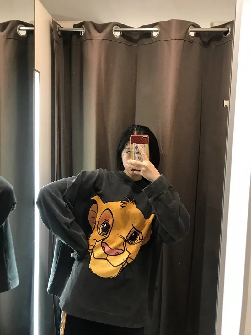 Модные свободные толстовки Kawaii, женские милые весенне-осенние Топы, Женские повседневные топы с рисунком льва, Милая футболка с длинным рукавом, женская футболка