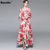 banulin 2021 summer designer elegant maxi dress womens off shoulder elastic waist floral print boho holiday party long dress