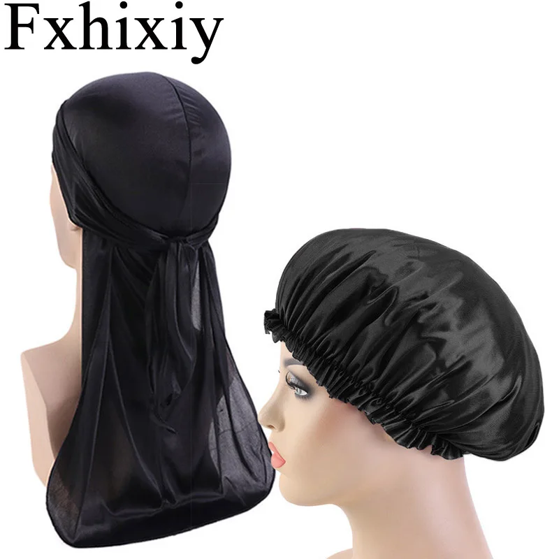 

Unisex Silky Extra Long Tail Durag Doo Rag Wide Straps Waves Elastic Sleeping Turban Cap 2pcs/lot