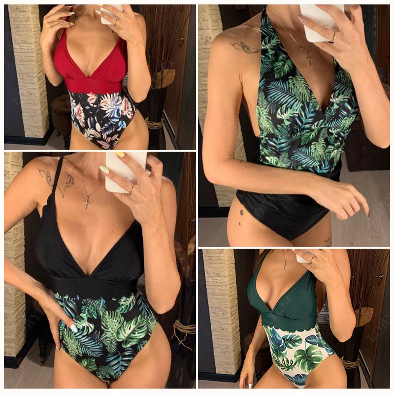 Пикантный слитный купальник женский с цветочным принтом на плечах купальники