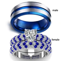 fashion couple rings stainless steel blue men ring womens zircon rhinestones rings set bridal engagement wedding band gift