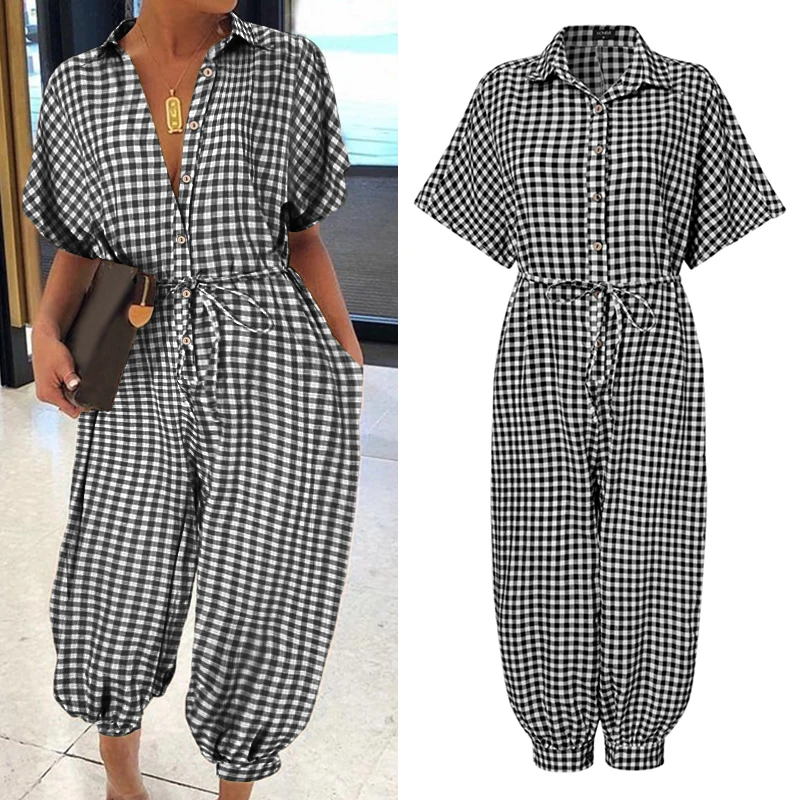 

2021 Summer Rompers Loose Short Sleeve Plaid Check Casual Jumpsuits Femme Sexy Turn Down Neck Short Sleeve Overalls