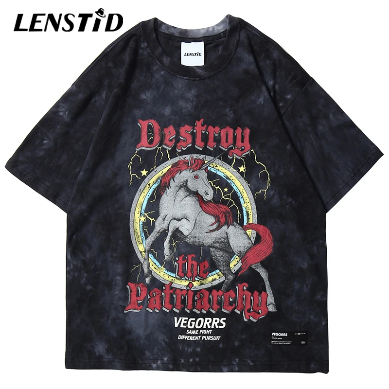 LENSTID 2020 хип-хоп Футболка с принтом Tie Dye Мужская Уличная диких лошадей Harajuku летняя