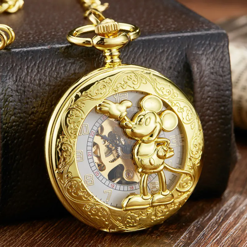 Unique Cartoon Mouse Bronze Roman Dial Mehanical Pocket Watch FOB Chain Hand Wind Mechanical Mens Womens Watches with Chain