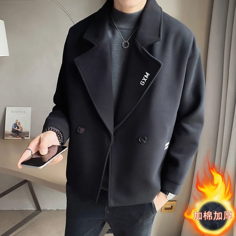 

Мужская утепленная шерстяная ветровка, повседневное короткое пальто с вышивкой, Корейская версия, зима 2020