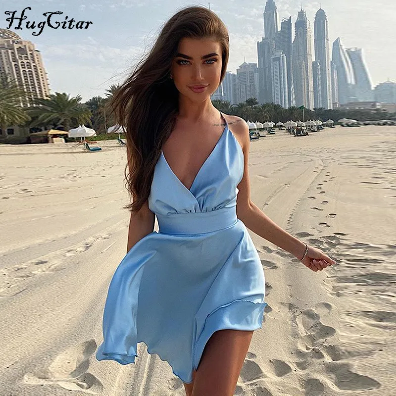 Женское мини-платье Hugcitar однотонное розовое платье-комбинация без рукавов с