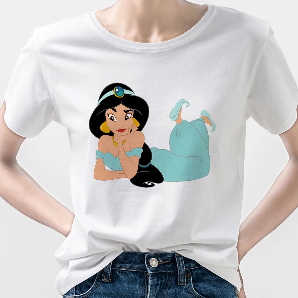 

Женская одежда, футболка с рисунком Диснея принцессы жасмин, летняя повседневная модная белая удобная женская футболка с коротким рукавом
