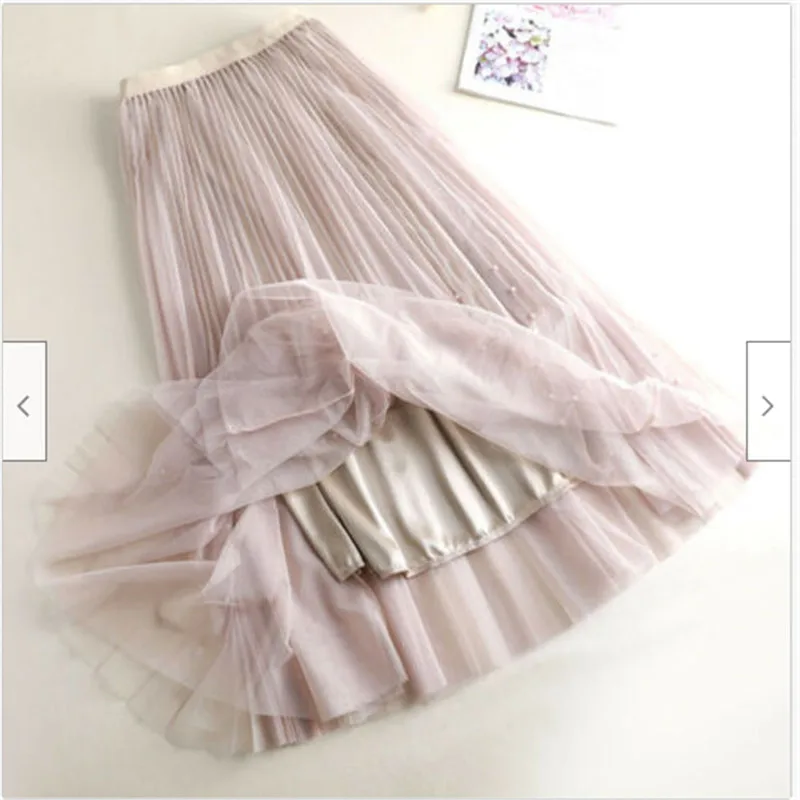 

Womens Long Skirts Pleated Korean Fashion High Waist Tulle Skirt 2019 Princess Prom Beading Swing Skirts Ladies Summer Clothes