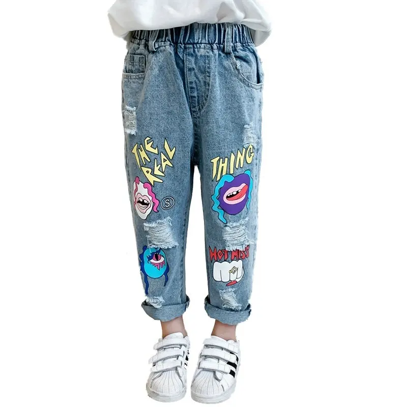 

Джинсы детские с эластичным поясом, модные штаны для маленьких девочек с принтом, осенняя одежда для маленьких девочек