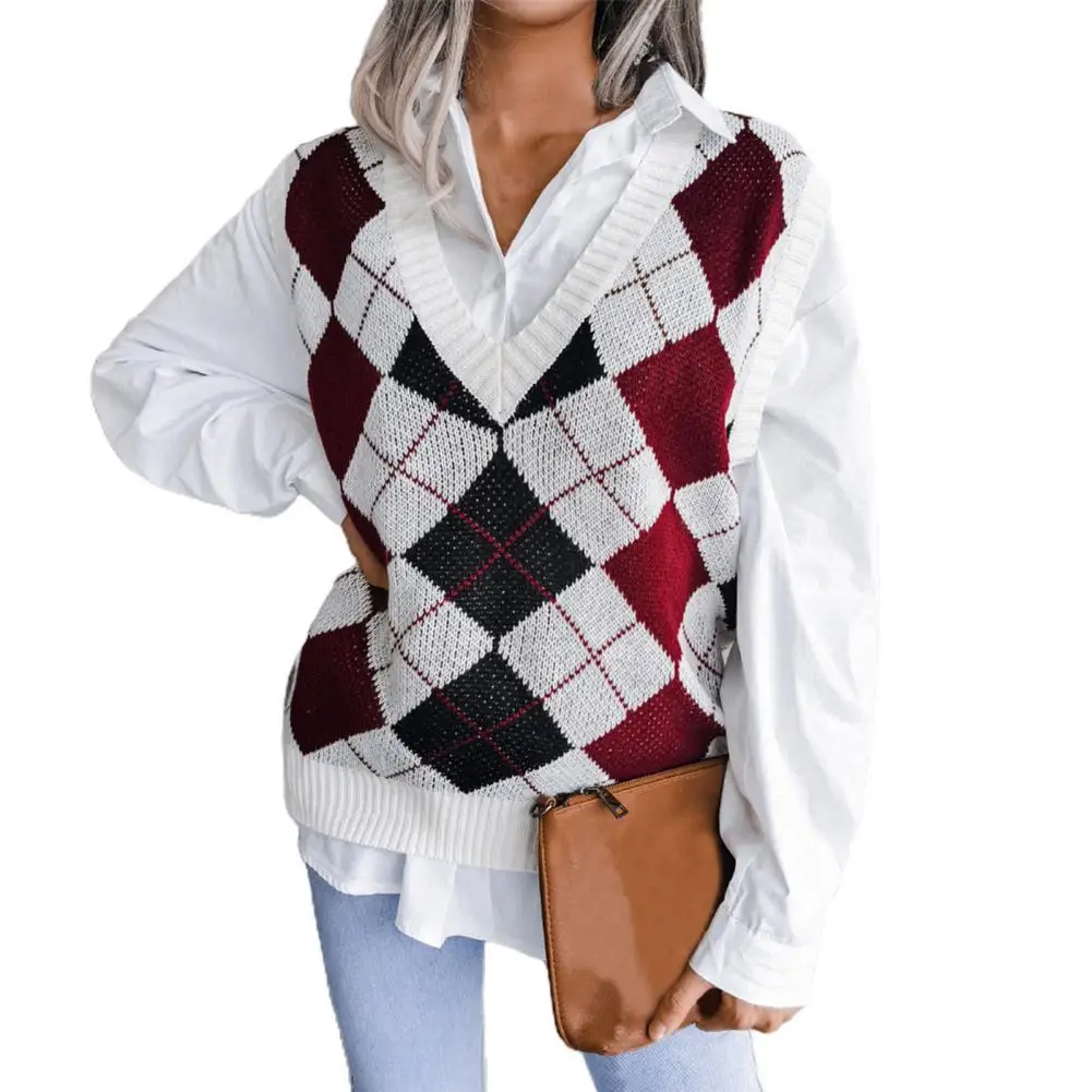 

Sweater Vest Women Plaid High Elasticity Loose Sleeveless V Neck Knitted Vest Streetwear Casual Korean Style Sweater
