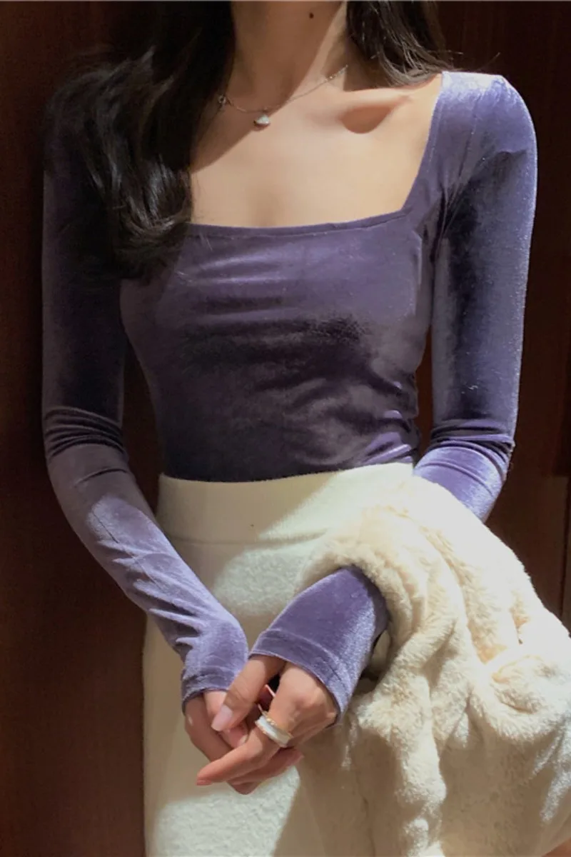 

Vintage Velvet Square Collar Long Sleeve Crop Top Solid Slim Hipster T-shirts Women Clothing Fashion Brand Spring Autumn New Tee