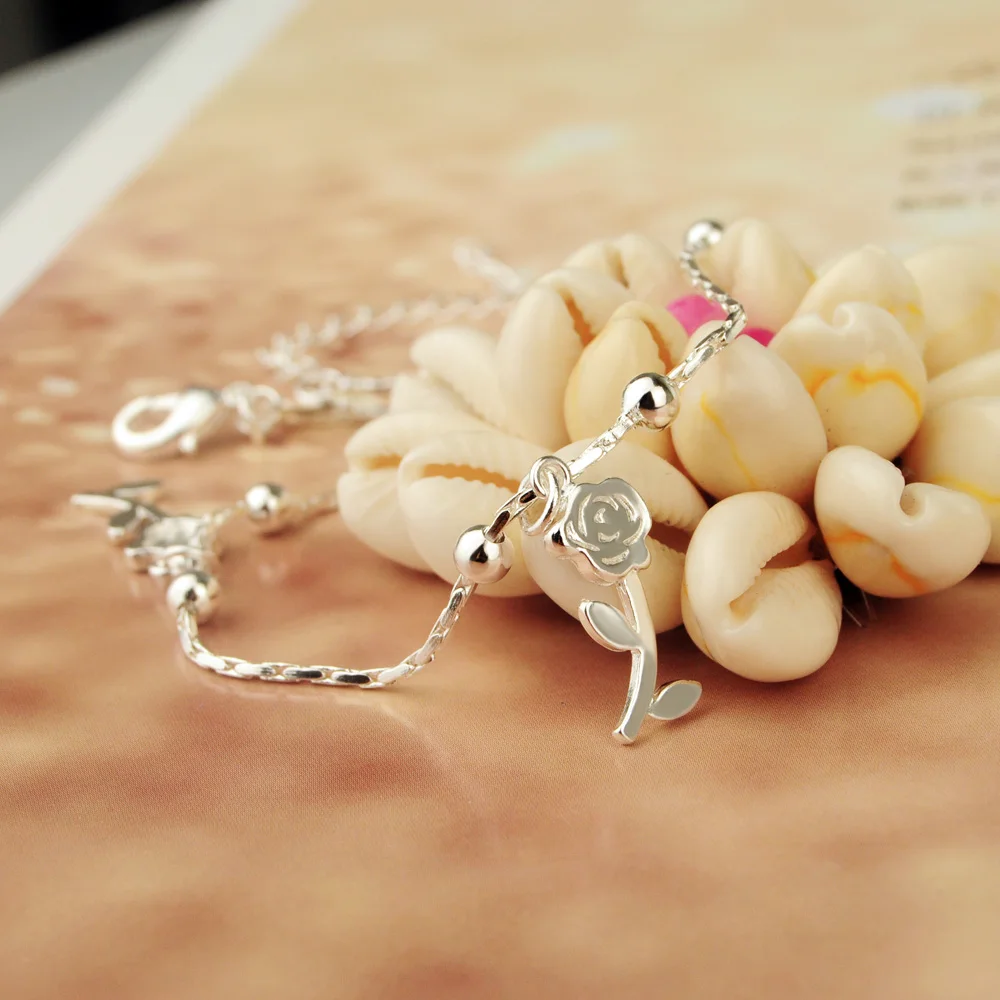 Браслеты на ногу из серебра 100% пробы с подвесками в виде роз|Анклеты| |